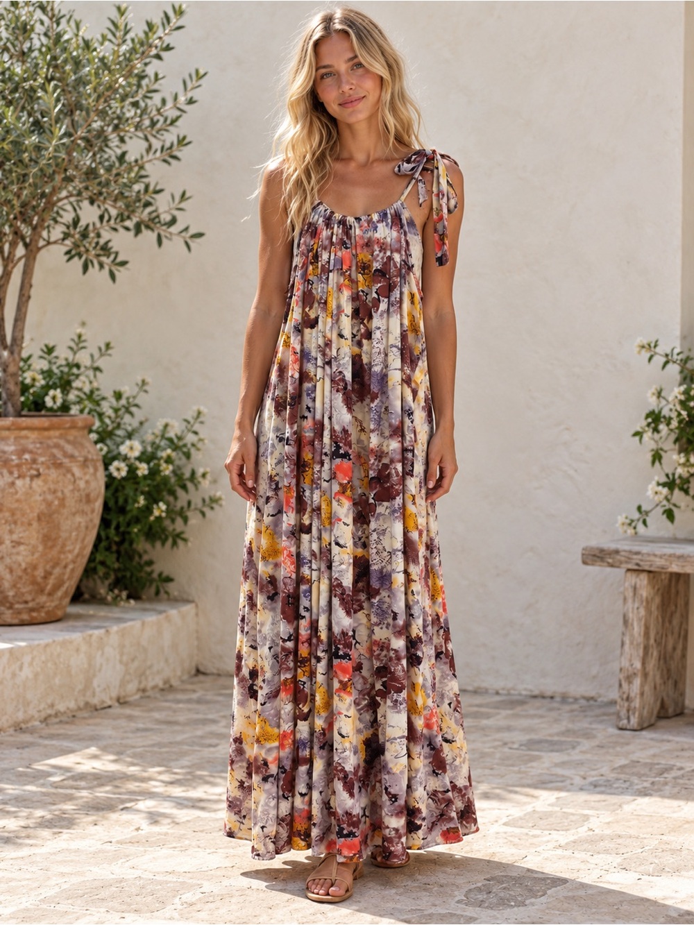 Altar'd State Floral Tie-Shoulder Maxi Dress in Cream, Purple, Yellow, Rust